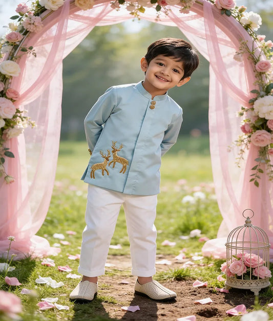 Luxe Blue Silk Bandgala with Off White Pant for Boys