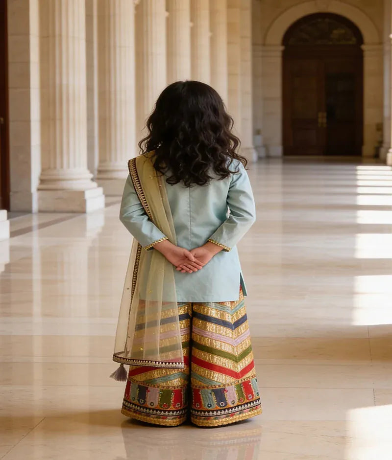 Luxe Blue Silk Embroidery Sharara with Kurti Boti Net Dupatta for Girls