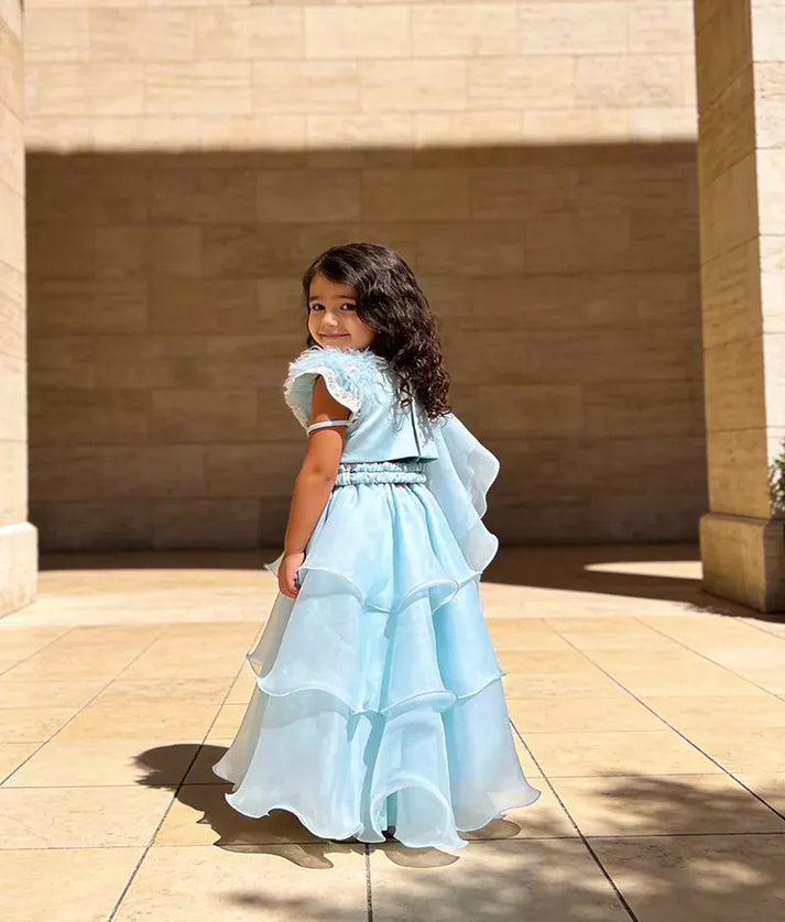 Luxe Blue Thread Embroidery Choli and Blue Organza Lehenga Dupatta for Girls