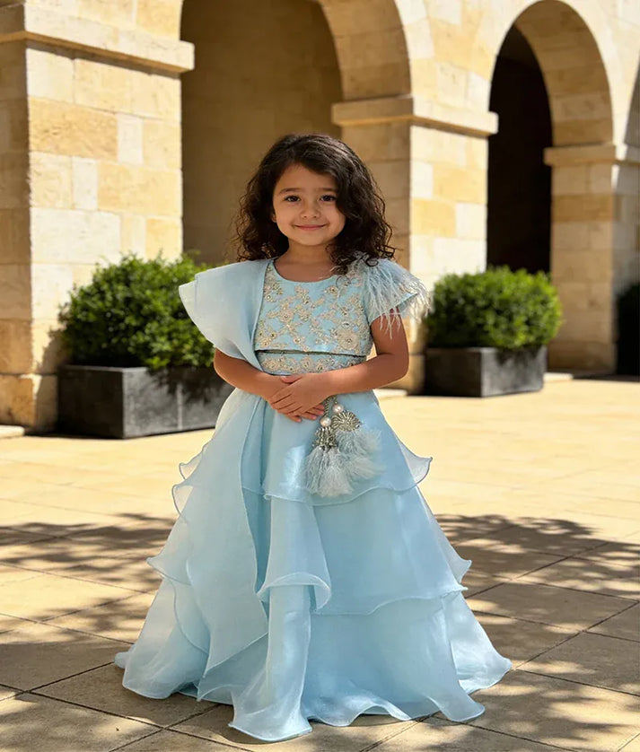 Luxe Blue Thread Embroidery Choli and Blue Organza Lehenga Dupatta for Girls