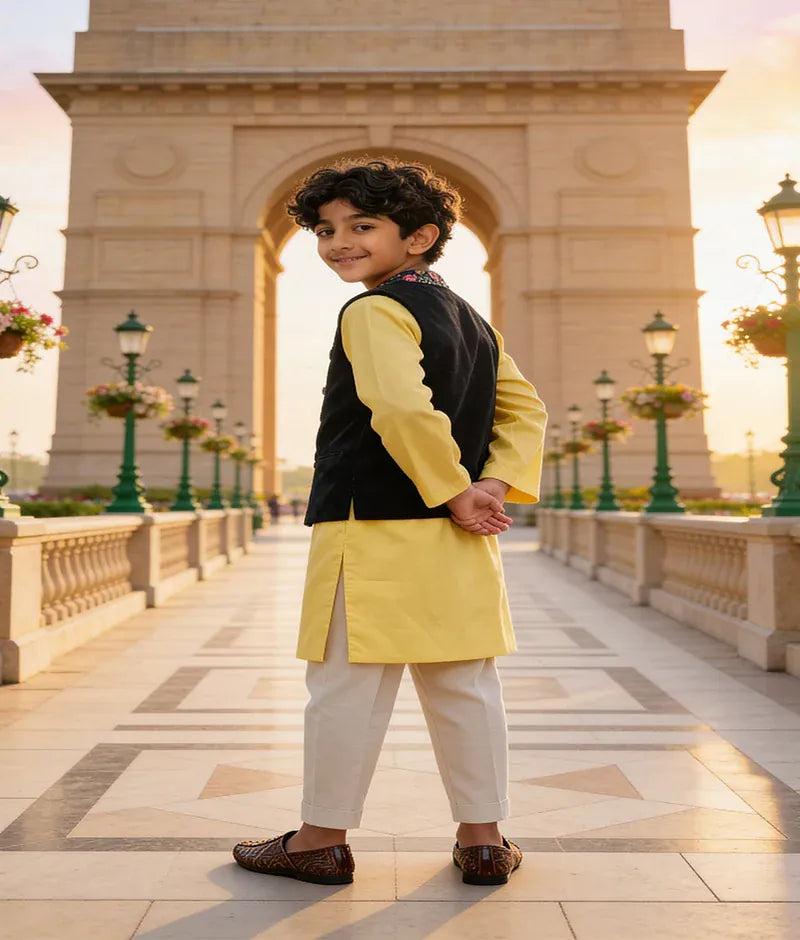Luxe Blue Velvet Embroidery Jacket with Yellow Kurta Pant for Boys