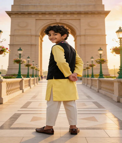 Luxe Blue Velvet Embroidery Jacket with Yellow Kurta Pant for Boys