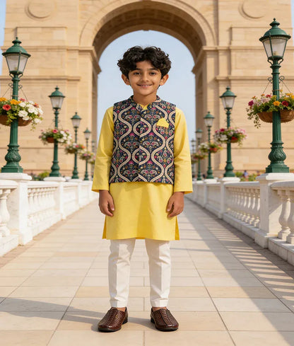 Luxe Blue Velvet Embroidery Jacket with Yellow Kurta Pant for Boys