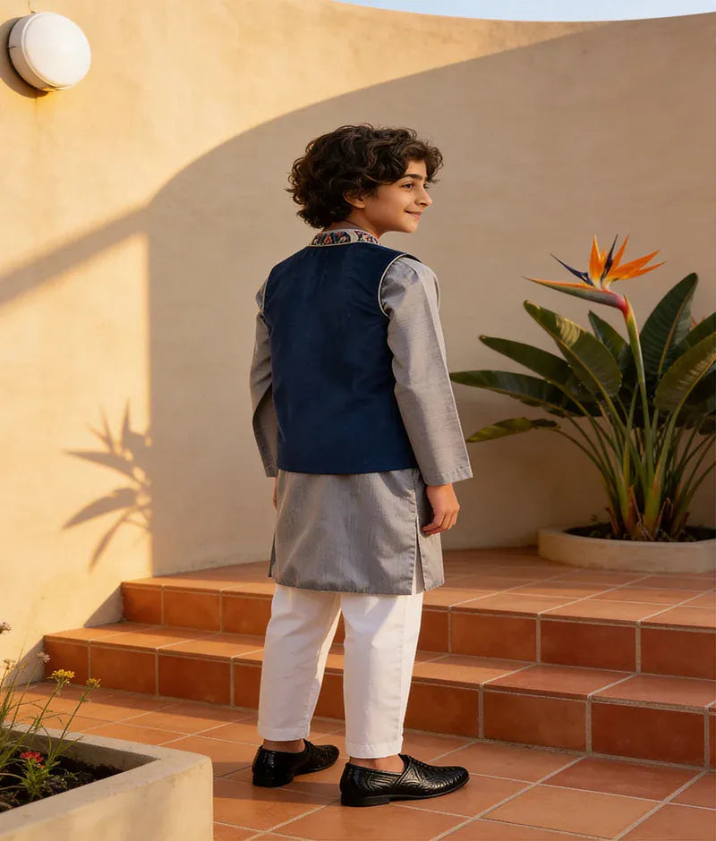 Luxe Blue Velvet Printed Nehru Jacket with Kurta Pant for Boys