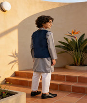 Luxe Blue Velvet Printed Nehru Jacket with Kurta Pant for Boys