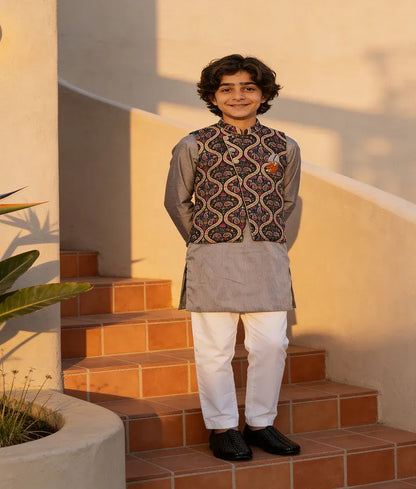Luxe Blue Velvet Printed Nehru Jacket with Kurta Pant for Boys