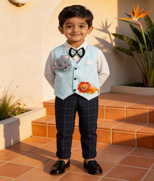 Luxe Blue Waist Coat with Off white Shirt Black Checks Pant for Boys
