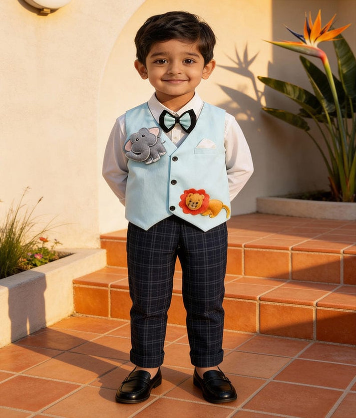 Luxe Blue Waist Coat with Off white Shirt Black Checks Pant for Boys