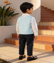 Luxe Blue Waist Coat with Off white Shirt Black Checks Pant for Boys