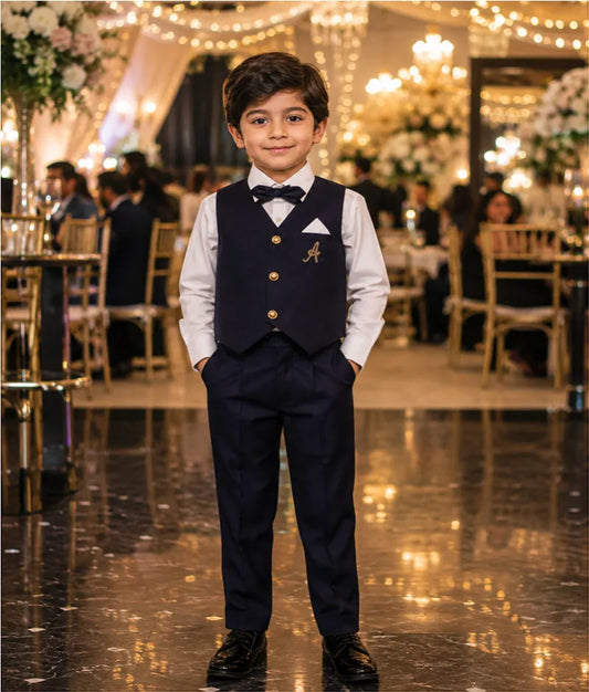 Luxe Blue Waist Coat with White Shirt Pant for Boys