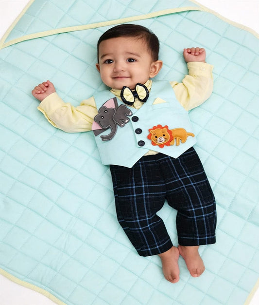 Luxe Blue Waist Coat Yellow Shirt Jamna Set with Check Pant for Boys
