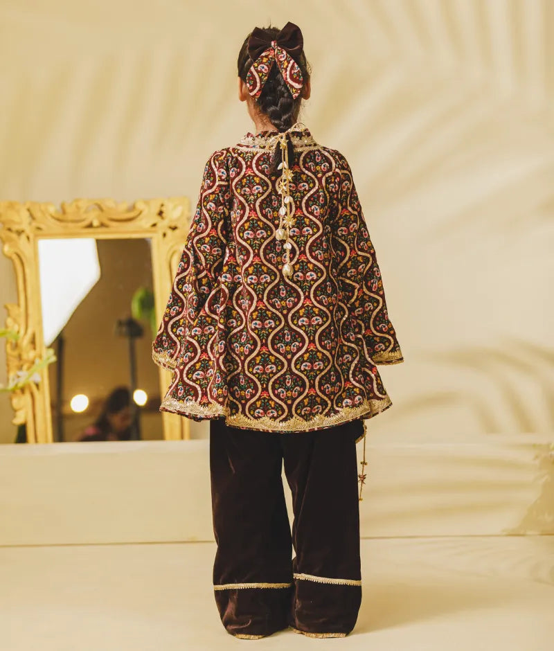 Luxe Brown Printed Velvet Kurti with Salwar