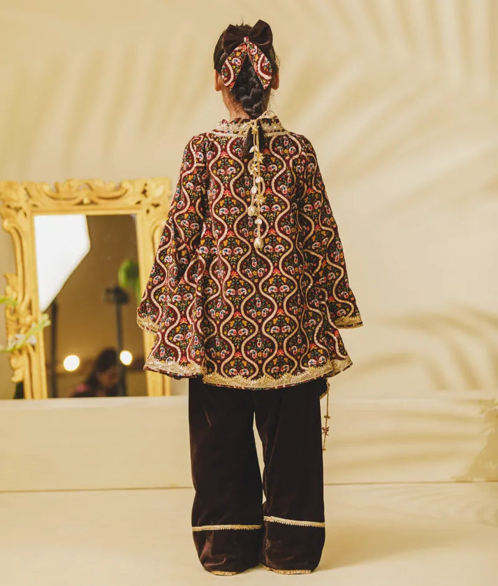 Luxe Brown Printed Velvet Kurti with Salwar