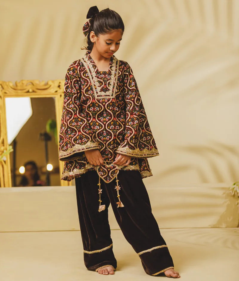 Luxe Brown Printed Velvet Kurti with Salwar