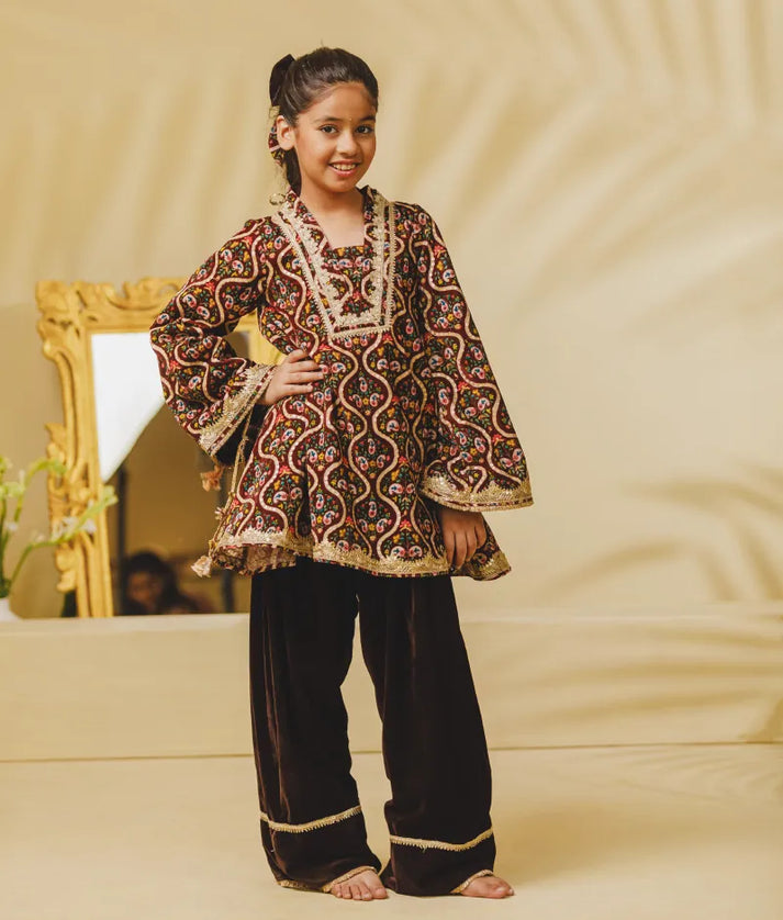 Luxe Brown Printed Velvet Kurti with Salwar