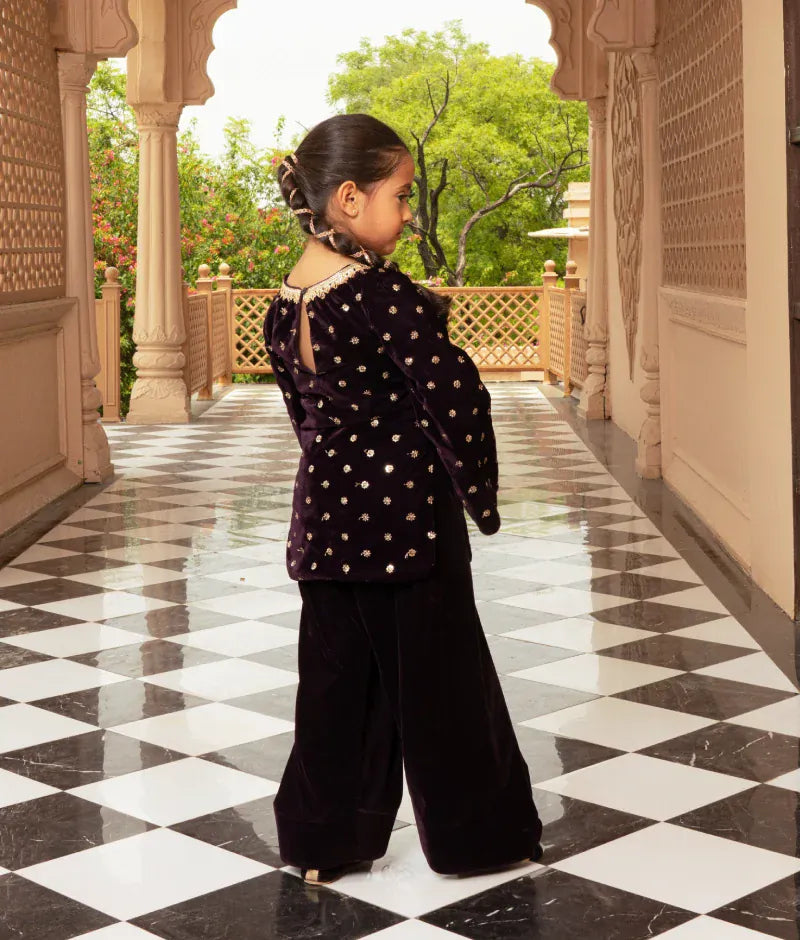 Luxe Burgundy Boti Velvet Kurti Salwar Set