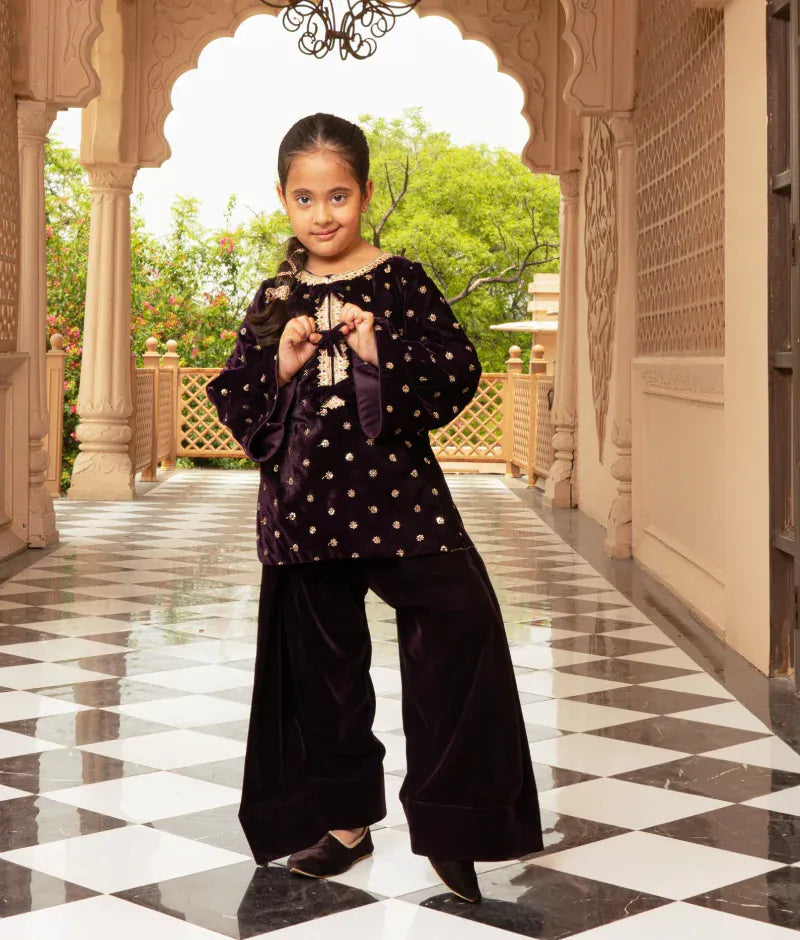 Luxe Burgundy Boti Velvet Kurti Salwar Set