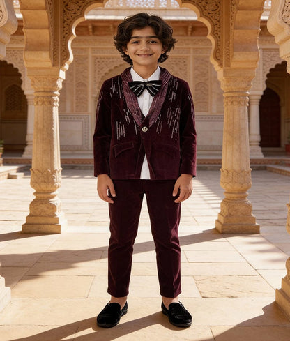 Luxe Burgundy Velvet Coat Shirt Pant for Boys
