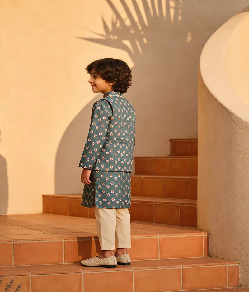 Luxe Charm in Print: Boys' Nehru Jacket, Kurta, and Pant Set