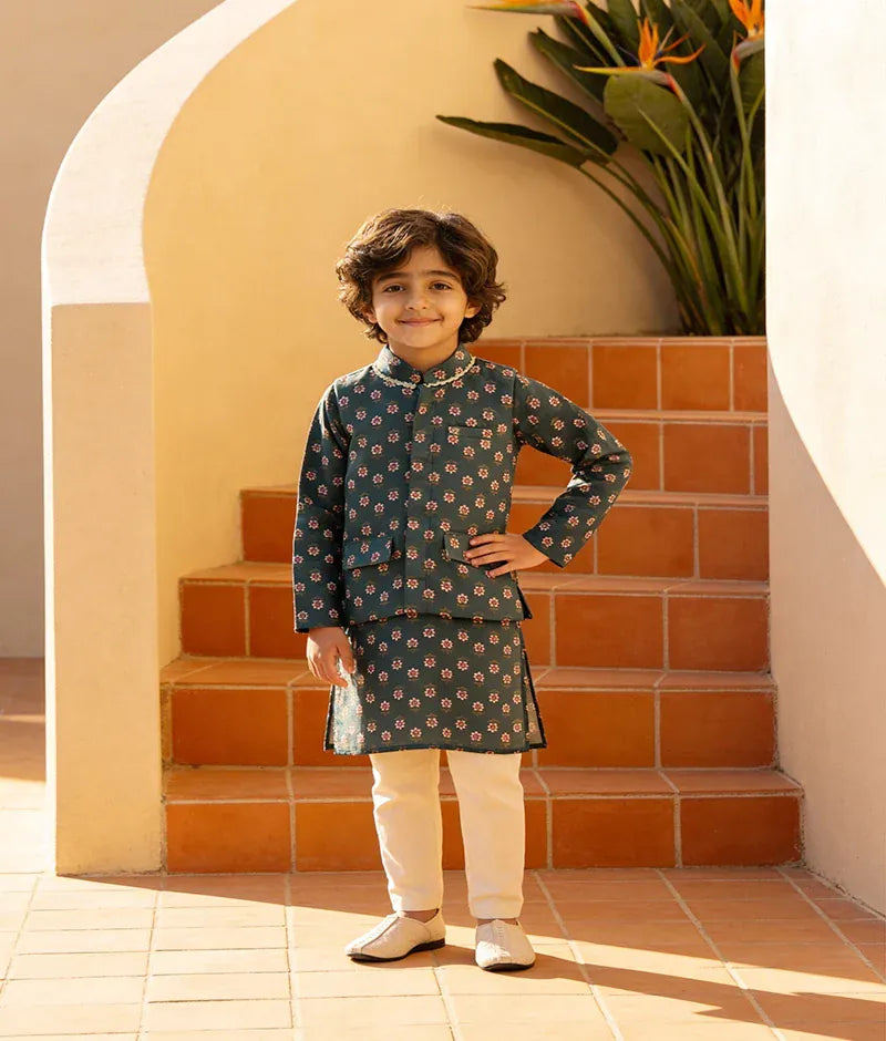 Luxe Charm in Print: Boys' Nehru Jacket, Kurta, and Pant Set