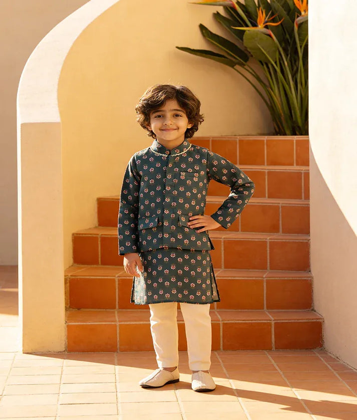 Luxe Charm in Print: Boys' Nehru Jacket, Kurta, and Pant Set