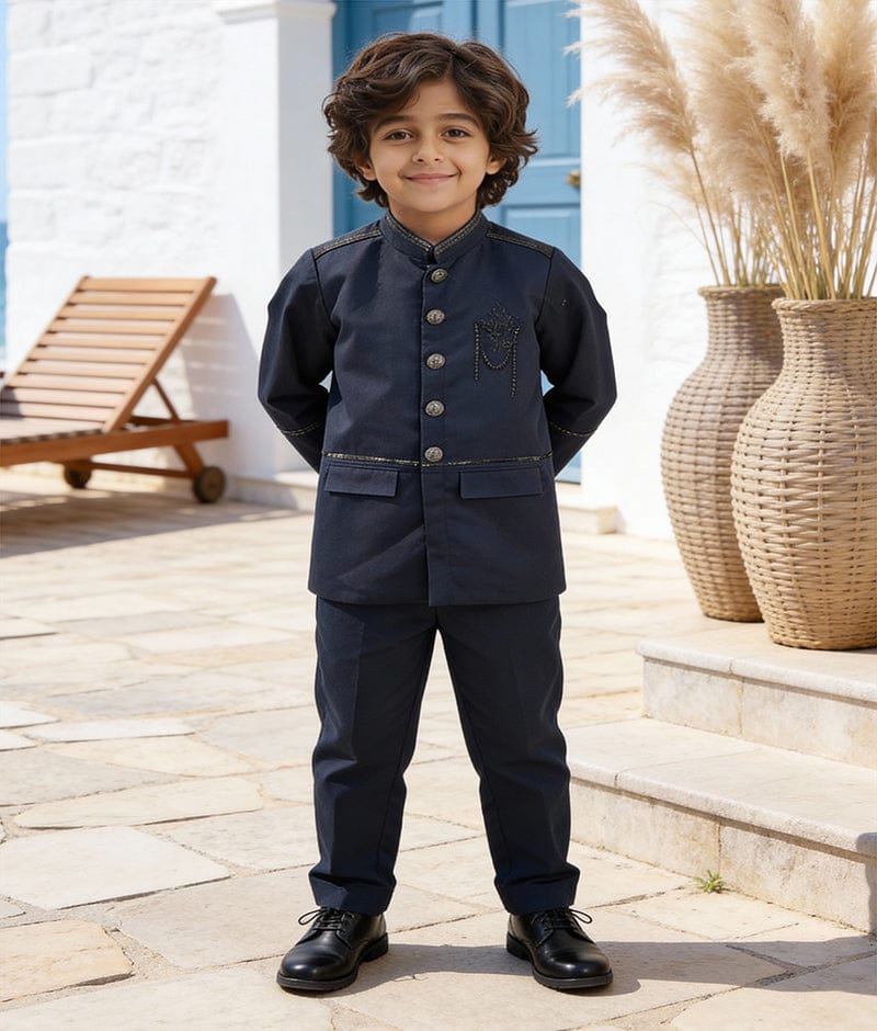 Luxe Dark Blue Coat with Black Metal Buttons with Pant for Boys