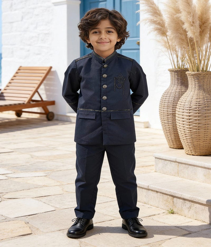 Luxe Dark Blue Coat with Black Metal Buttons with Pant for Boys