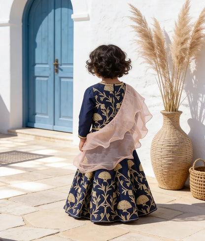 Luxe Dark Blue Gota Embroidery Lehenga with Choli Organza Dupatta for Girls
