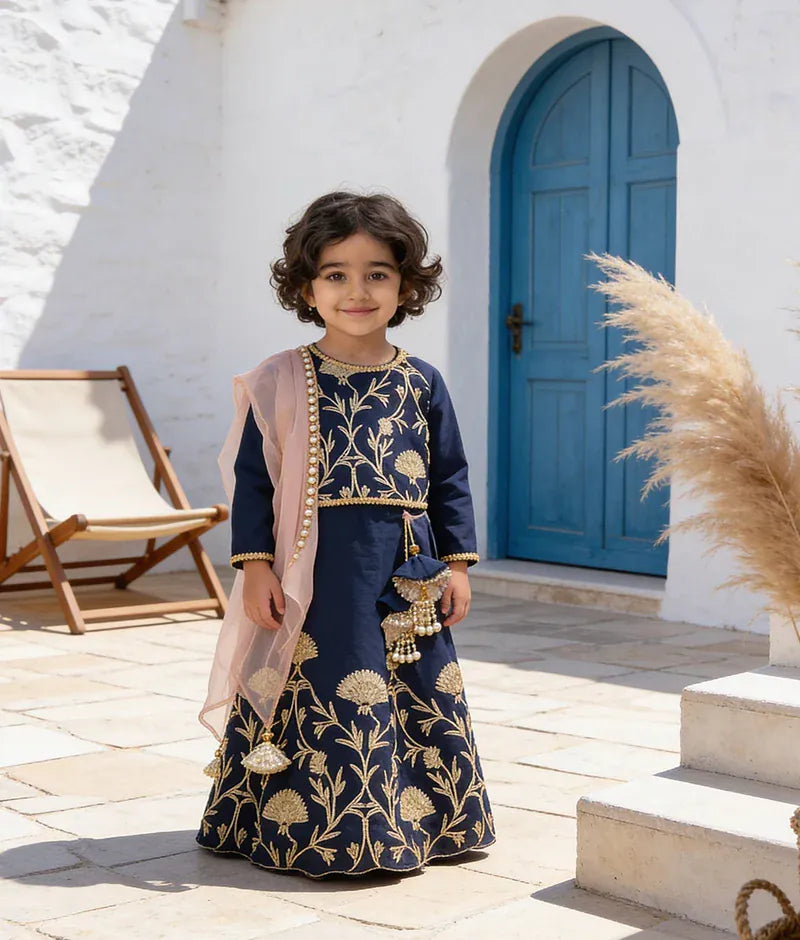 Luxe Dark Blue Gota Embroidery Lehenga with Choli Organza Dupatta for Girls