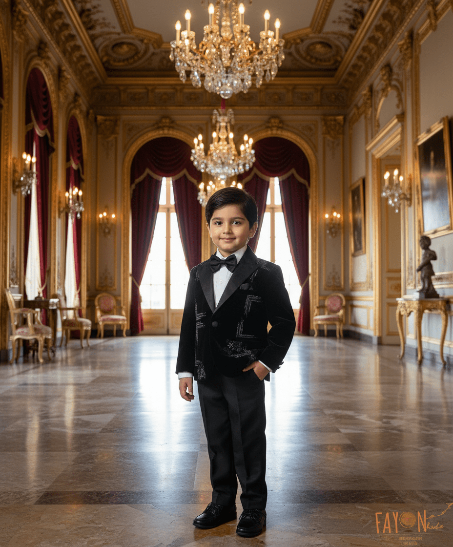 Luxe Dark Blue Velvet Coat set with Hand Embroidery Motifs for Boys