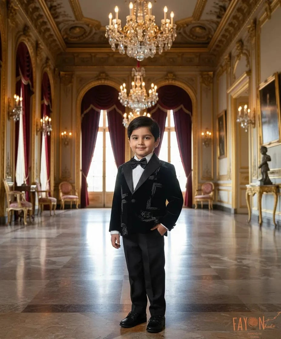 Luxe Dark Blue Velvet Coat set with Hand Embroidery Motifs for Boys