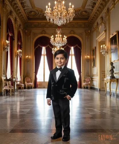 Luxe Dark Blue Velvet Coat set with Hand Embroidery Motifs for Boys