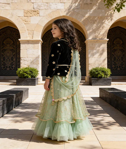 Luxe Dark Blue Velvet Green Glitter Net Lehenga with Choli Boti Net Dupatta for Girls