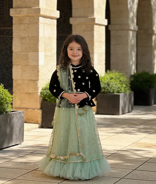 Luxe Dark Blue Velvet Green Glitter Net Lehenga with Choli Boti Net Dupatta for Girls