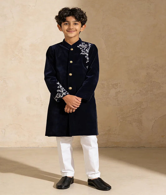 Luxe Dark Blue Velvet Sherwani Set