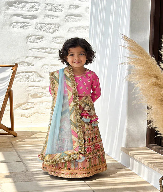 Luxe Embroidery Lehenga Hot Pink Silk Flower Boti Choli Dupatta for Girls