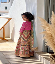 Luxe Embroidery Lehenga Hot Pink Silk Flower Boti Choli Dupatta for Girls