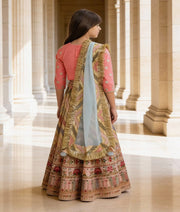 Luxe Embroidery Lehenga Pink Silk Flower Boti Choli Dupatta for Girls