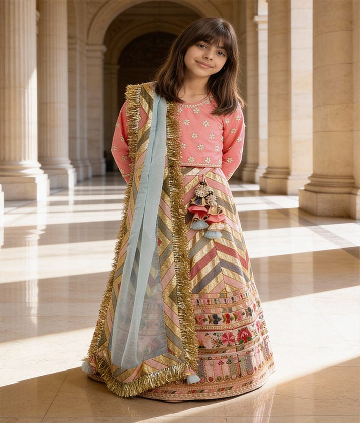 Luxe Embroidery Lehenga Pink Silk Flower Boti Choli Dupatta for Girls