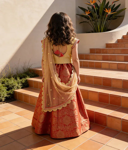Luxe Golden Brocade Coral Brocade Lehenga with Choli Boti Net Dupatta for Girls