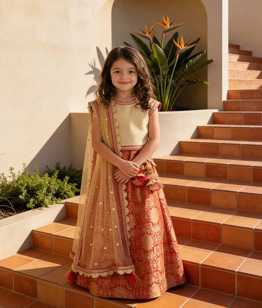 Luxe Golden Brocade Coral Brocade Lehenga with Choli Boti Net Dupatta for Girls