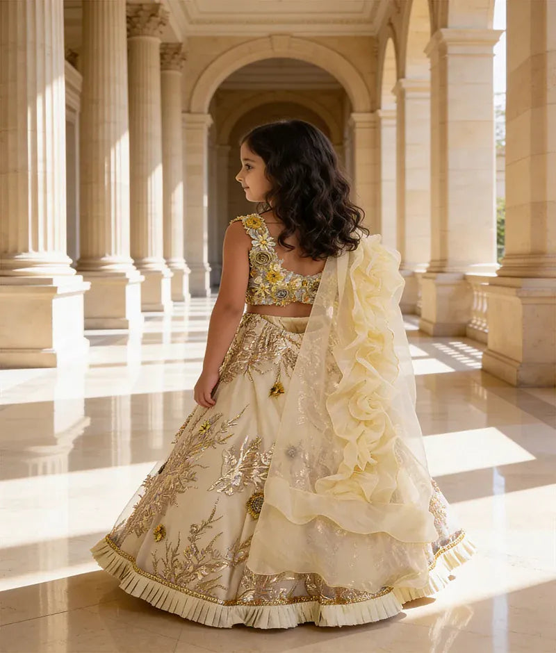 Luxe Golden Embroidery Lehenga with 3D Flowers Choli Organza Dupatta for Girls