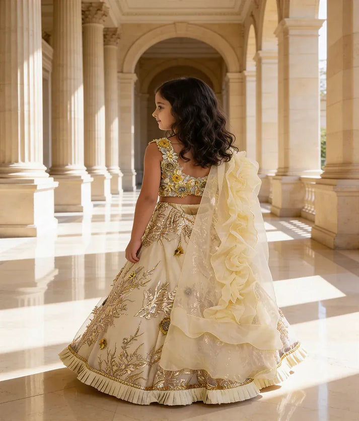 Luxe Golden Embroidery Lehenga with 3D Flowers Choli Organza Dupatta for Girls