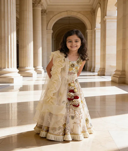 Luxe Golden Embroidery Lehenga with 3D Flowers Choli Organza Dupatta for Girls