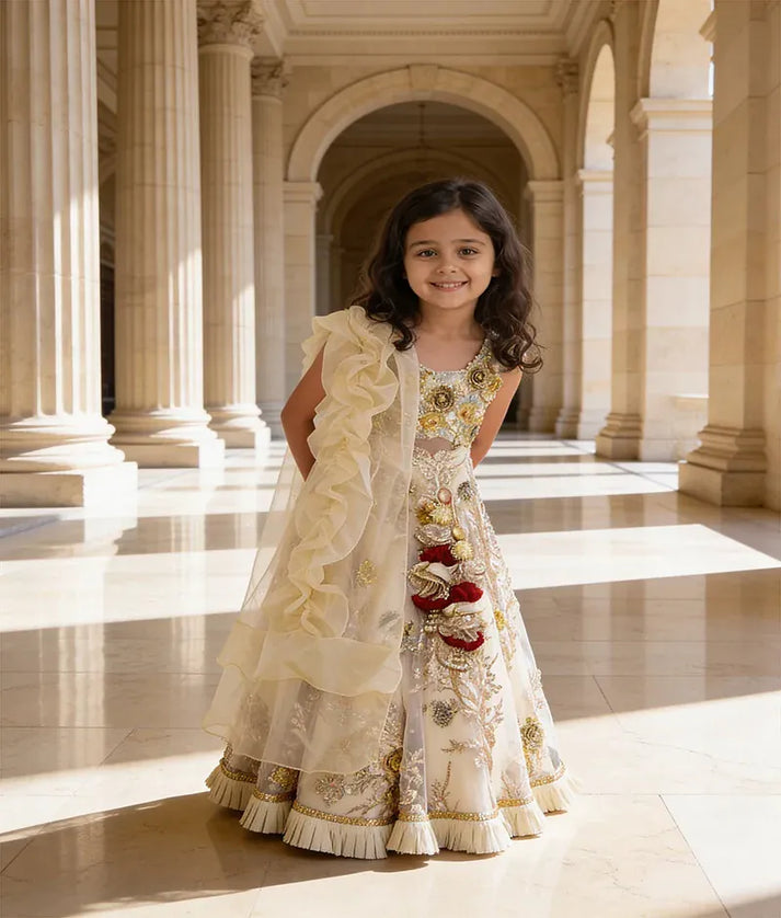 Luxe Golden Embroidery Lehenga with 3D Flowers Choli Organza Dupatta for Girls