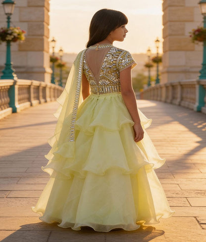Luxe Golden Lime Green Layered Lehenga with Embroidery Choli Organza Dupatta for Girls