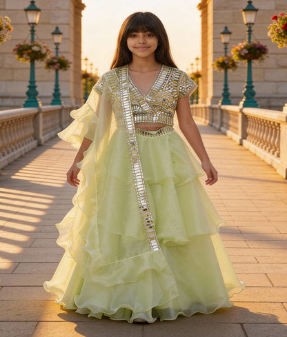 Luxe Golden Lime Green Layered Lehenga with Embroidery Choli Organza Dupatta for Girls