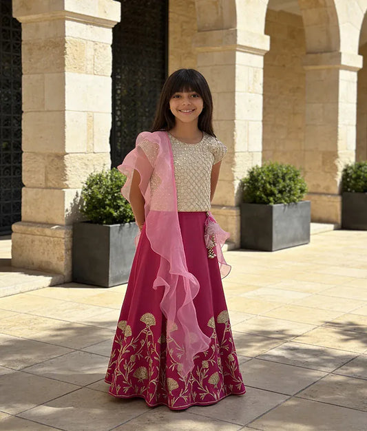 Luxe Golden Sequins Net Pink Gota Embroidery Lehenga with Choli Organza Dupatta for Girls