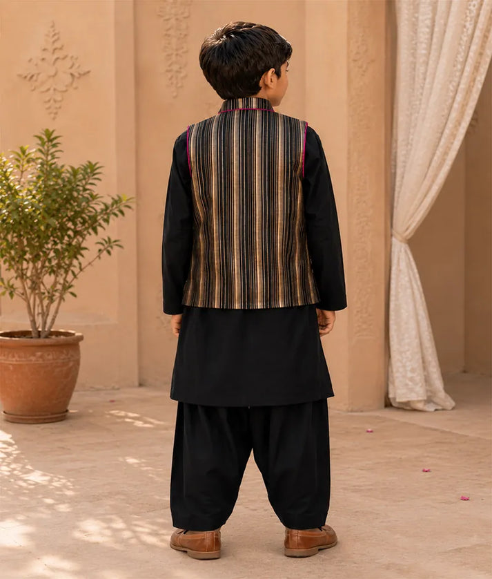 Luxe Golden Strips Jacket with Black Kurta Salwar for Boys
