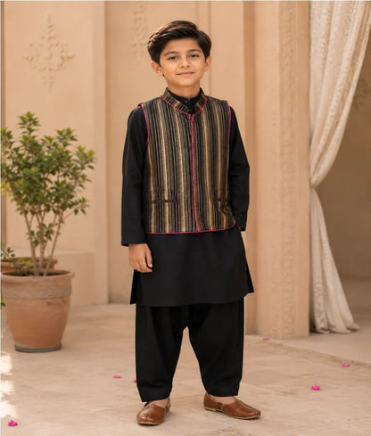 Luxe Golden Strips Jacket with Black Kurta Salwar for Boys
